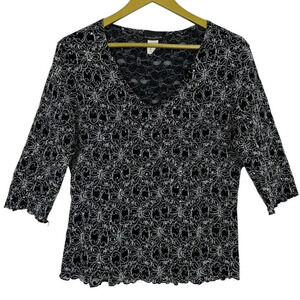 Y2K Fairy Grunge Lace Mesh Top XL Black White Rhinestones Bell Sleeve Whimsigoth